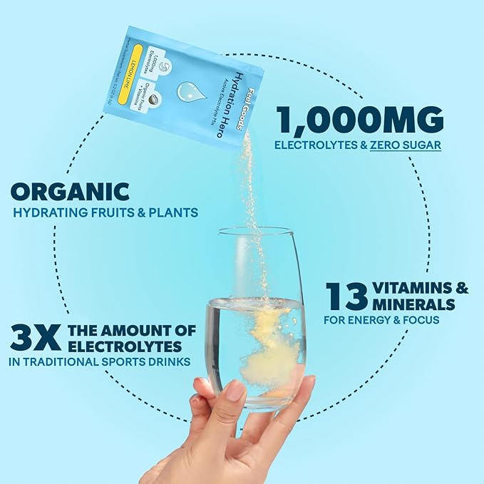 Feel Goods Hydration Hero, 1,000mg Electrolytes Powder, Sugar Free, Magnesium, Organic Aloe Vera, L Theanine, Vitamin C & B12, Non GMO, Keto, Vegan, Electrolyte Packets | Lemon Lime, 15 Count
