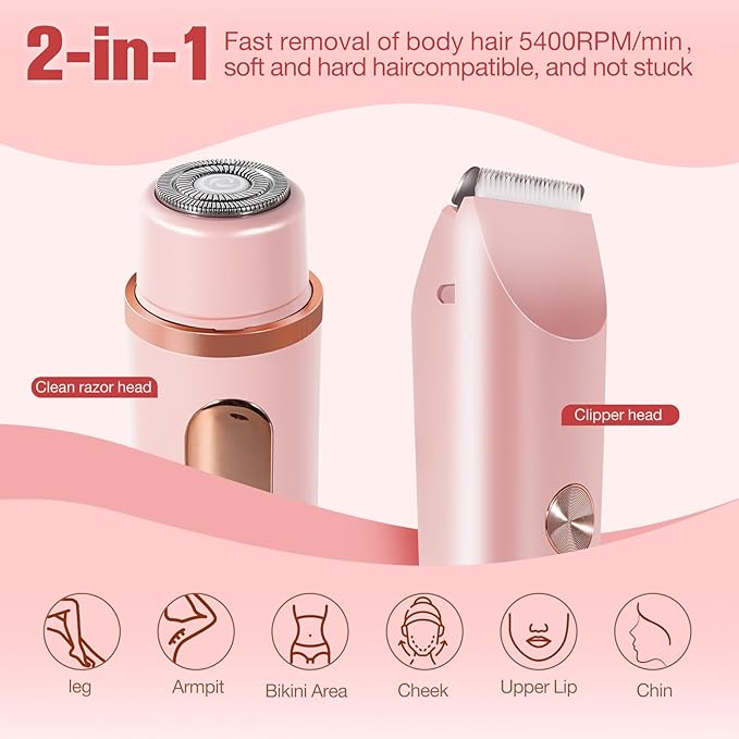 Bikini Trimmer for Women Electric Razors for Women Women's Electric Razor 2 in 1 Shaver Pubic Hair Trimmer Ipx7 Waterproof Wet Dry Use Bikini Shaver for Ladies Pubic, Legs, Face, Underarms (Pink)