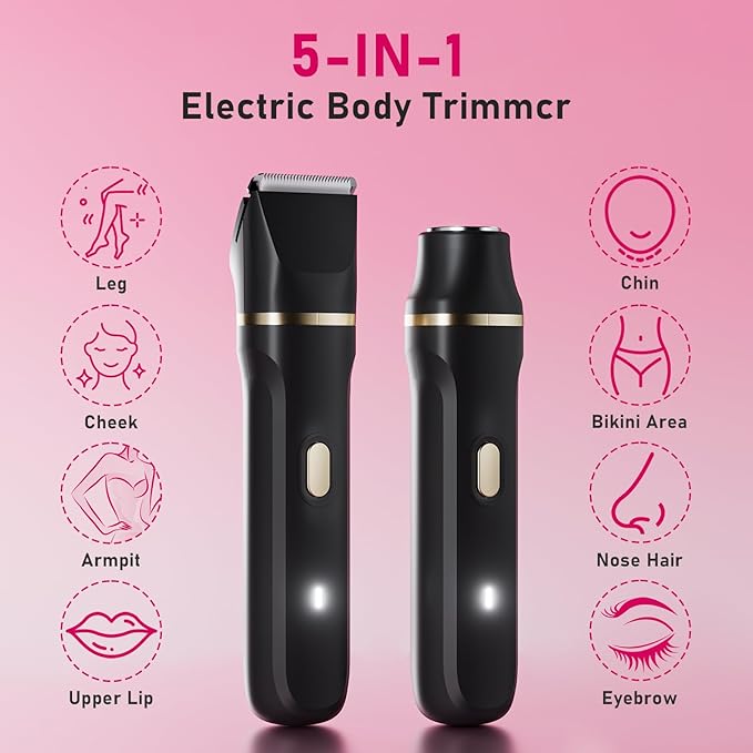 Electric Razors for Women, 5-in-1 Wet/Dry Bikini Trimmer with USB Charge Dock, Deluxe Facial Hair Removal, Wet/Dry Body Shaver for Nose Eyebrows Beard Underarm Leg Arm, IPX7 Waterproof (Black)
