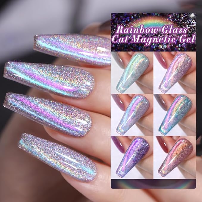 Born Pretty Magnetic Gel Nail Polish Holographic Glass Cat Magnetic Eye Gel Polish Nail Gel Soak Off Nail Art Salon Manicure Collection Gift 6pcs