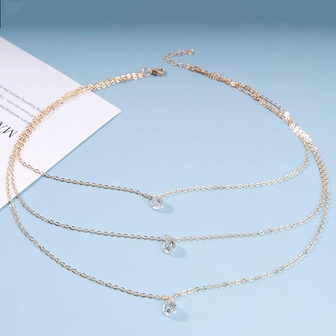 Boho Layered Crystal Necklace Choker Gold Bezel Pendant Necklace Multi Layering Vintage Necklace Chain Cz Bridal Necklace Chain Jewelry for Women and Girls