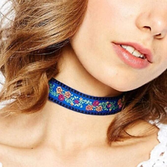 Boho Necklace Flower Choker Necklace Leaves Chain Necklace Jewelry for Women and Girls (Blue)