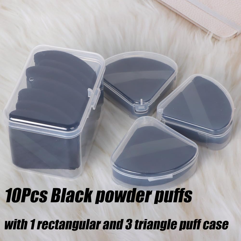 Ocim 10Pcs Triangle Powder Puffs for Face Powder,Soft Velour Triangular Beauty Puff,Makeup Pressed,Baking & Setting Powder Sponge Applicator Pads with Case,Black