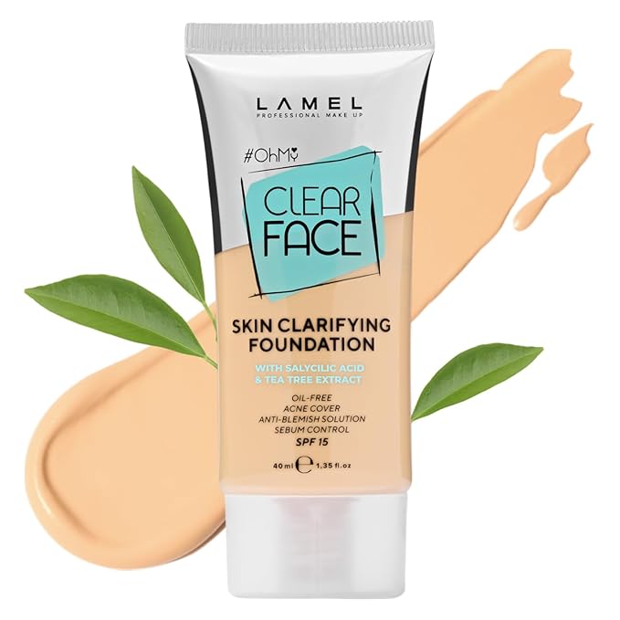 LAMEL OhMy Clear Face Full Coverage Foundation - Acne Coverage - Salicylic Acid & Tea Tree Extract - Dewy & Flawless Finish - Sensitive Skin Care - Organic & Oil-Free - 402, 1.35 fl.oz
