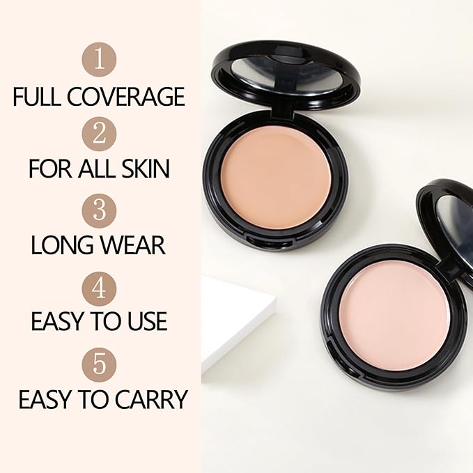Powder Foundation,Long Wear Full Coverage Foundation with Sponge,Flawess Demi-Matte Finish,Brighten Correcting Color