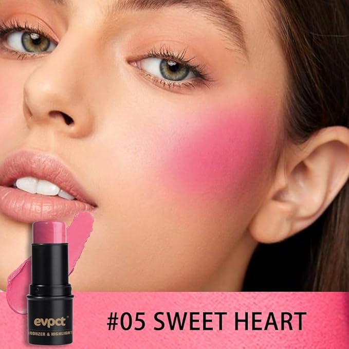evpct 2Pcs Shimmer Pink Rose Cream Blush Stick for Cheeks Lips Tint Eyes Contour Highlighter Makeup Sticks Lightweight Hydrating formula rubor en crema para los cachetes 01 Dainty & 05 Sweet Heart