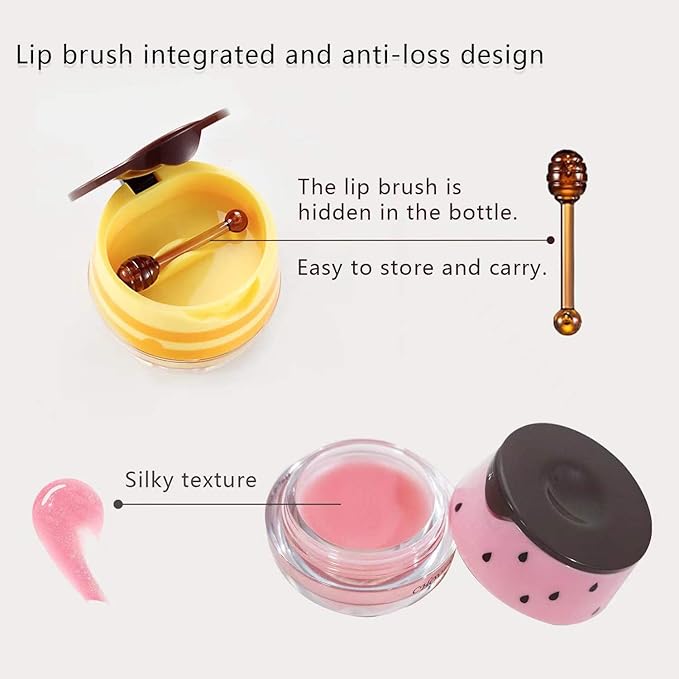 2PCS Honey Balm & Strawberry Lip Balm, Honey Lip Balm, Lip Masks for Dry and Cracked Lips with Brush, Lip Exfoliator & Moisturizer, Reduces Lips Lines & Lightens Lips, Anti-Wrinkle, Aging