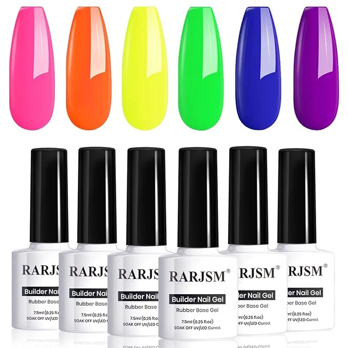 RARJSM Rubber Base Gel for Nails,Neon Gel Nail Polish Set,Neon Orange Green Blue Purple Yellow Rose Red Builder Base Gel in a Bottle ExtensionGel Bright Summer Colors LED UV Cured Home Salon DIY