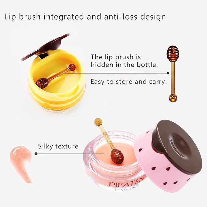 4PCS Bee Lip Balm Honey Lip Balm,Exfoliating Honey Pot Lip Balm Sleeping Lip Mask with Brush, Hydrating & Prevention Dry and Cracked, Lip Scrubs Exfoliator & Moisturizer
