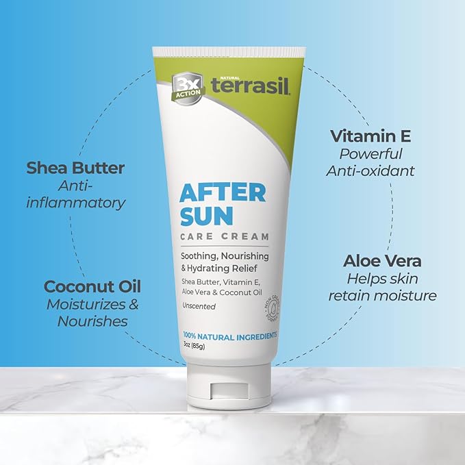 terrasil After Sun Care Lotion with Aloe Vera, Shea Butter, Coconut Oil, & Vitamin E, Soothing Sunburn Relief for Sun Exposed Skin, Deeply Nourishing. Natural Body Lotion (3 oz) Unscented