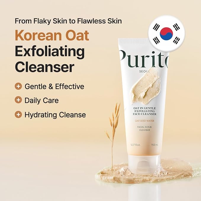 Purito Oat Exfoliating Facial Polish Cleanser - Hydrating Daily Face Wash with Gentle Scrub Clay Pore Minimizing Panthenol, Oat Seed Water Vegan, Non-comedogenic Korean Skin Care 5.07 fl.oz