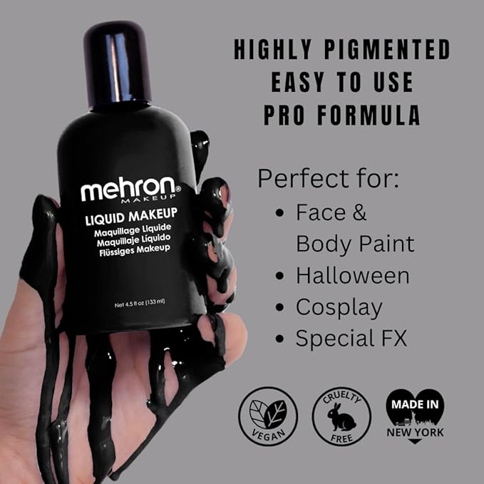 Mehron Makeup Liquid Makeup | Face Paint and Body Paint Perfect for Halloween, Cosplay I Air Brush Compatible 4.5 oz (133 ml) (Black)