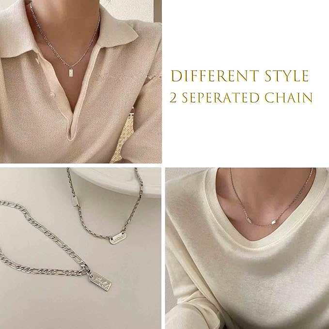 Boho Layered Silver Bar Necklace Choker Figaro Chain Necklace Vintage Layering Link Chain Necklace Geometric Necklace Jewelry for Women and Girls
