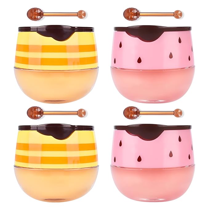 4Pcs Honey Strawberry Lip Balm Honey Pot, Strawberry Lip Sleeping Mask, Overnight Lip Sleeping Mask, Honey Balm Lip Balm Pot, Honey Lip Mask Nourish Lip Scrubs Exfoliator Honey/Strawberry