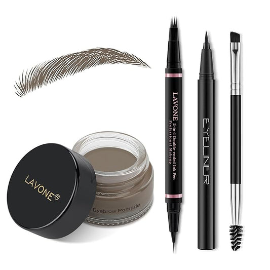 Eyebrow Pencil Makeup Kit, with Waterproof 2-IN-1 Microblading Eyebrow Pen, Eyebrow Pomade, Eyeliner and Dual-ended Eyebrow Brush, Brow Pencil Kit for Natural Eyebrows - Dark Grey