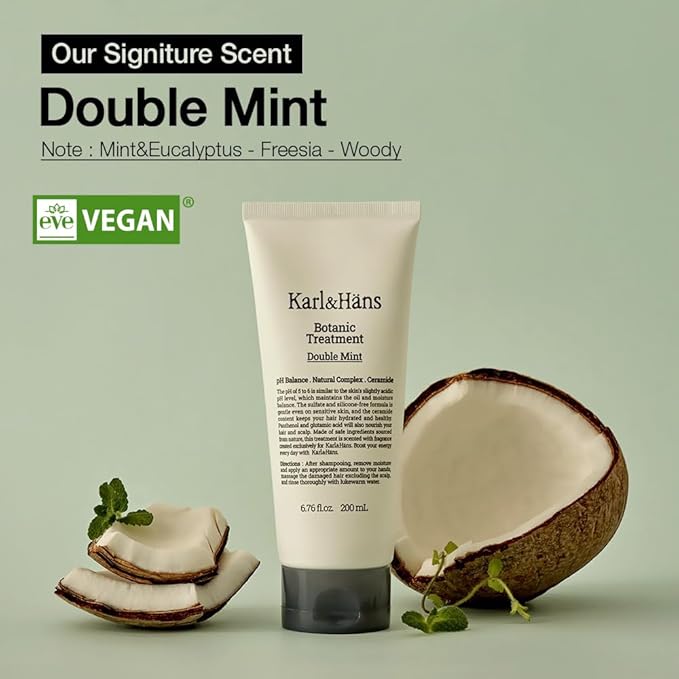 Karl&Hans Botanic Double Mint Conditioner Hair Treatment -Organic, Silicone-Free, Revitalizing Care for Frizzy Hair with Ceramide & Natural Extracts for All Hair Types, 6.76 fl oz