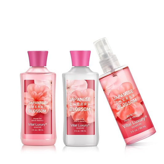 Bath & Body Kit Japanese Cherry Blossom, 3 Fl Oz, Ideal Skincare Gift, Home Spa Set, Includes Body Lotion, Shower Gel and Fragrance Mist, Perfect for Christmas Gifts and Festive Pampering
