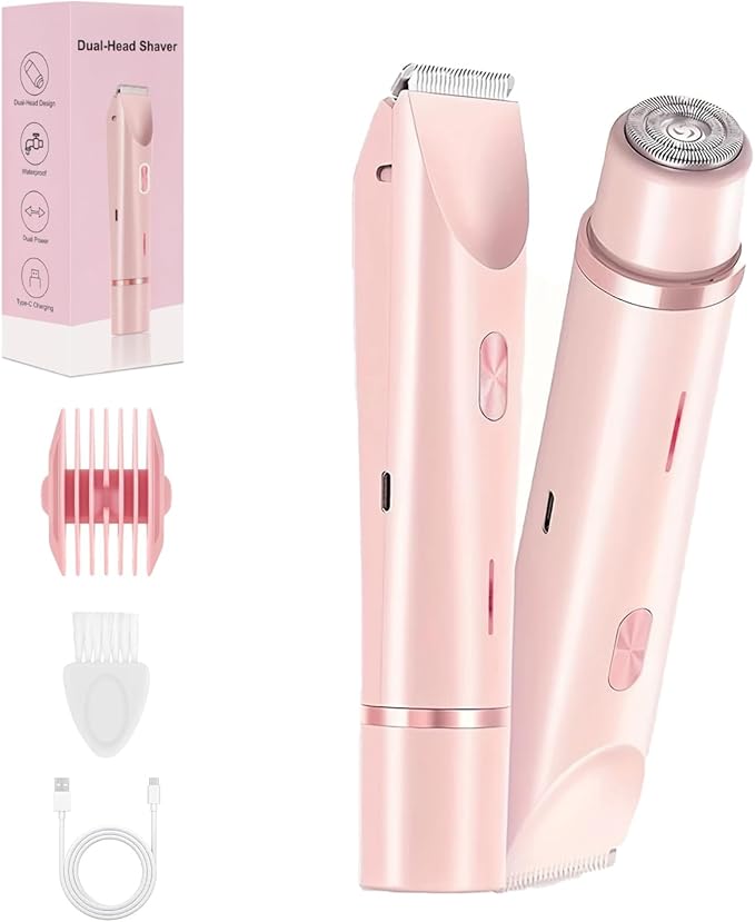 Bikini Trimmer for Women, 2 in 1 Dual Head Bikini Shaver, IPX7 Waterproof Wet and Dry Dual Use Eletctric Razors, USB-C Rechagreable Body Shaver for Public Hair, Silk Skin, Facial and Body