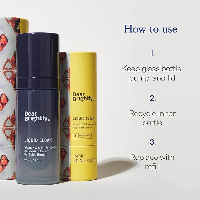 Vitamin C Serum Refill with Ferulic Acid and Vitamin E for Glowing Radiant Skin by Dear Brightly, Face Brightening, Facial Serum for Sensitive Skin, Refillable Glass Bottle, 0.7 fl oz