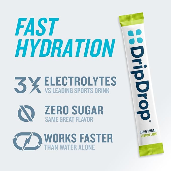 DripDrop Sugar Free Hydration Packets - Zero Lemon Lime - Single Serve Electrolytes Powder Drink Mix - Non-GMO, Gluten Free, Vegan - 32 Sticks