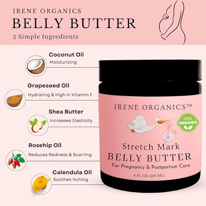 Organic Belly Butter for Pregnancy Stretch Mark Prevention and Treatment Award Winning Anti Stretch Mark Tummy Balm For Pregnancy and Postpartum 8oz - Hydrating Bump Cream