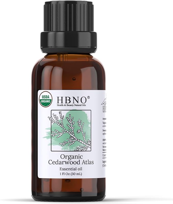 HBNO California Bottled Organic Cedarwood Essential Oil 1 fl oz (30ml) - USDA Certified Organic Cedarwood Essential Oil for Aromatherapy, Soap Making, DIY, Fragrances, Diffuser