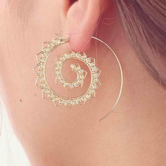 Bohemia Mandala Spiral Earrings Gold Vortex Gear Earrings Exaggerated Hoop Earrings Large Circular Swirl Earrings Indian Tribal Earrings Jewelry for Women and Girls