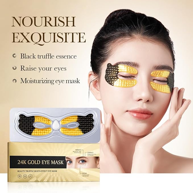 24K Gold Under Eye Patches (5 Pairs) - Black Truffle Under Eye Mask with Newly Upgraded 3D Wrap-around Design, Specifically for Canthus Wrinkles and Dryness Around the Eyes (Gold)