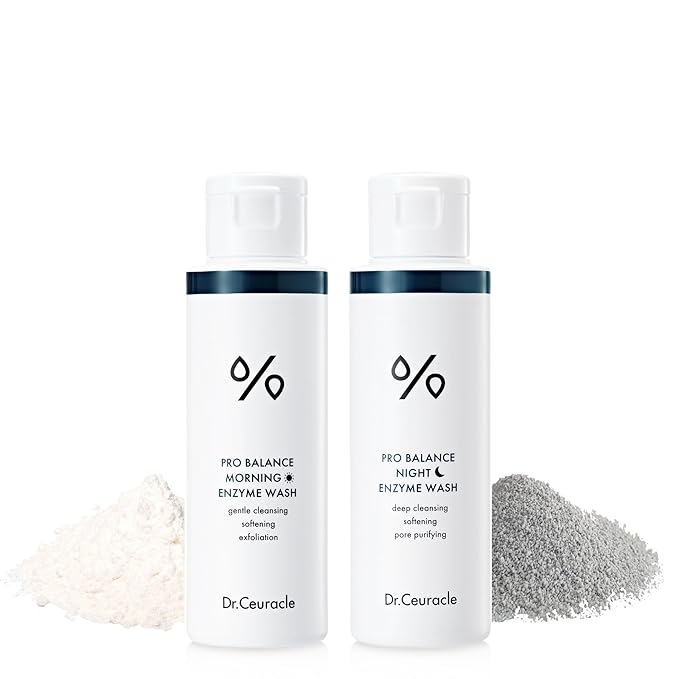 Enzyme Powder Face Wash Set - Dr.Ceuracle Pro Balance Day and Night Powder Wash with Natural Enzymes (2x50g) - Korean AM PM Facial Enzyme Powder Cleanser Bundle for Deep Pore Cleansing