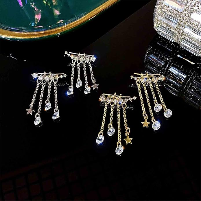 Boho Star Ear Jacket Earrings Gold Cz Star Ear Climber Earrings Crystal Chain Tassel Earrings Crystal Ear Crawler Long Chain Earrings Jewelry for Women and Girls Gifts