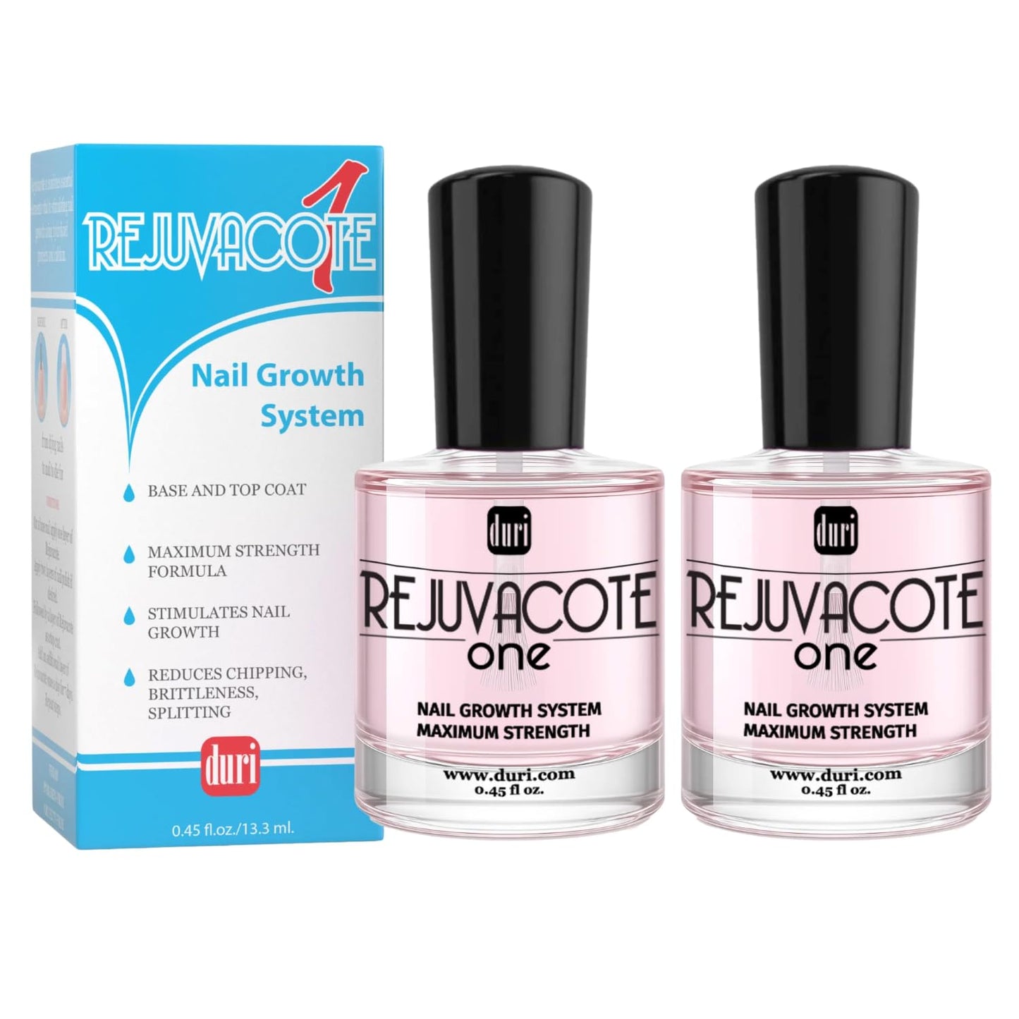duri Rejuvacote 1 Nail Growth System - Original Maximum Strength Formula - Nail Strengthener and Nail Growth - Base and Top Coat - Pack of 2-0.45 fl. oz.