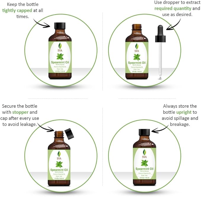 SVA Spearmint Essential Oil – 4 Fl Oz – 100% Natural Spearmint Oil - for Diffuser, Hair Care, Face, Skin Care, Aromatherapy, Scalp and Body Massage, Soap and Candle Making – with Dropper