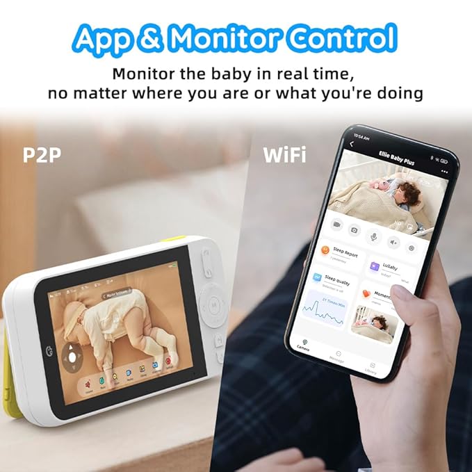 Ellie Video Baby Monitor, Full AI Function Monitor with Camera and Audio, Two Way Control for no WiFi or WiFi, Face Covered Alert, Sleep Analysis, Breathing Detection