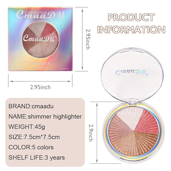 evpct Shimmer Highlighter Highlight Makeup Contour Palette iluminadores de maquillaje, 5 Colors Highlighter+Makeup White Shimmer Blush Bronzer and Makeup Highlighter Powder Palette Illuminators B02