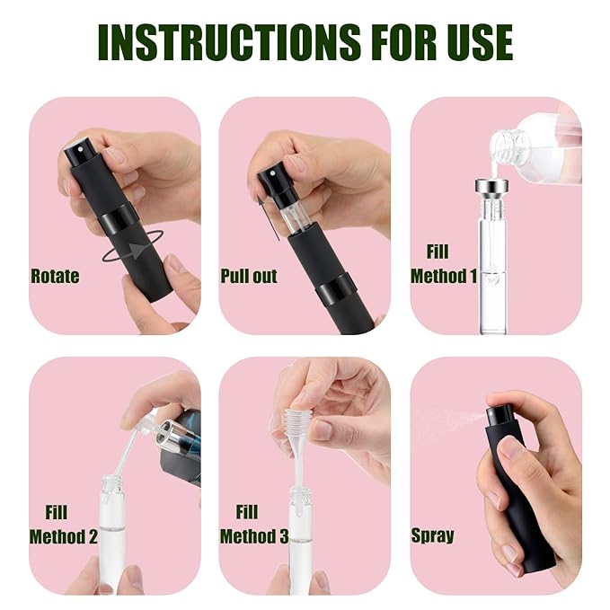 2 PCS/8ml Portable Mini Perfume Atomizer bottles, Empty Refillable Spray Bottle with 3 Types of Refill Tools, Pocket Travel Perfume Sample Bottles(Matte Black)