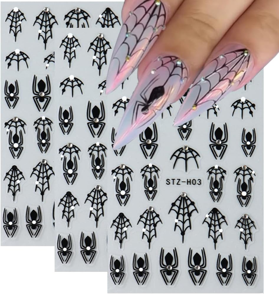 3 Sheets Halloween Nail Art Stickers Black Spider Nail Stickers for Nail Art 3D Self-Adhesive Black Spider Web with Diamond Design Halloween Nail Charms Goth Decorations for Women DIY