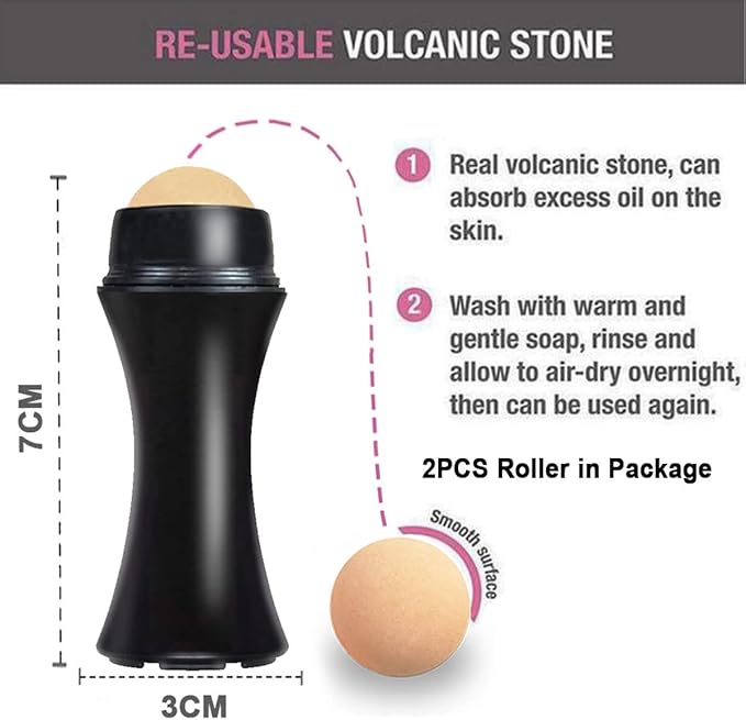 2Pcs Volcanic Face Roller Oil Control On The Go Oil-Absorbing Blotting Tool Natural Volcanic Roller Stone Ball (Black and White)