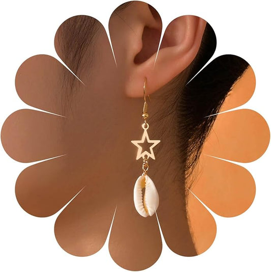 Boho Shell Drop Earrings Vintage Gold Star Shell Dangle Earrings Statement Cowrie Shell Hook Earrings Summer Beach Seashell Earrings Jewelry for Women
