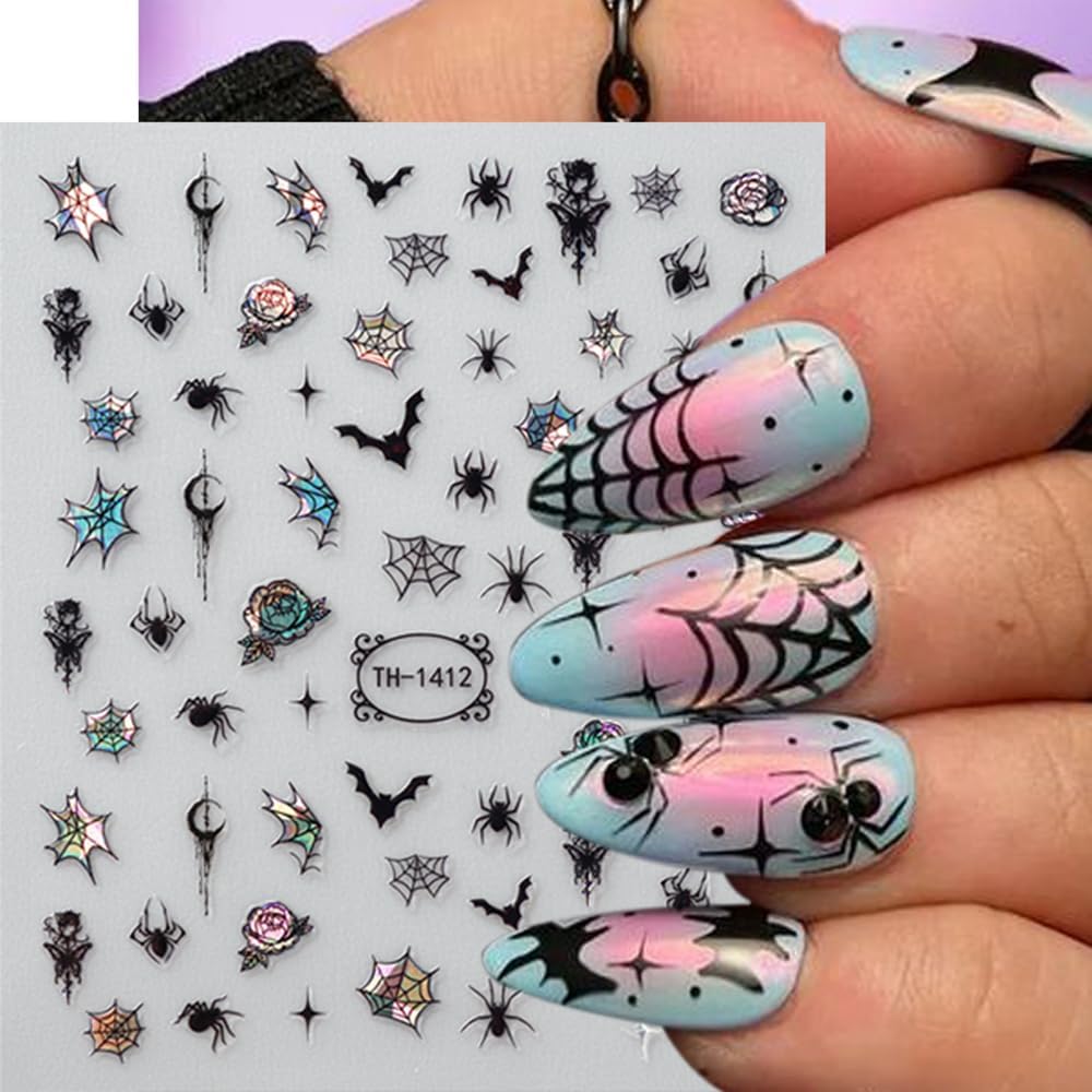 6 Sheets Halloween Nail Stickers Decals, 3D Spider Nail Sticker Decoration Self-Adhesive Colorful Red Rose Flowers Spider Web for Nails Stickers DIY Manicure Art Halloween Decoration