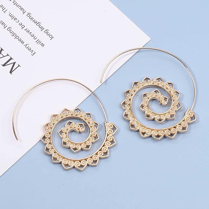 Bohemia Mandala Spiral Earrings Gold Vortex Gear Earrings Exaggerated Hoop Earrings Large Circular Swirl Earrings Indian Tribal Earrings Jewelry for Women and Girls