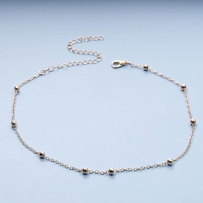 Boho Thin Beaded Choker Necklace Gold Station Ball Necklace Short Satellite Chain Necklace Everyday Minimalist Necklace Jewelry for Women and Girls