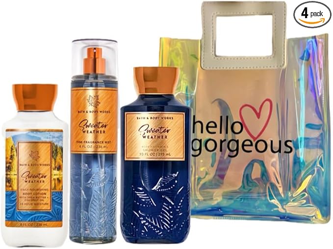 Bath & Body Works - 3 Piece Bundle - Spray - Body Lotion - Shower Gel - Full Size and Gift Bag HELLO GORGEOUS (Sweater Weather)