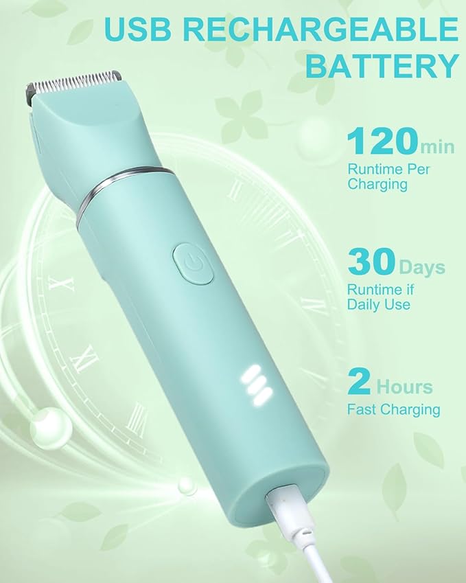 Bikini Trimmer for Women,2-in-1 Painless Electric Razors & Shaver Nose,IPX7 Waterproof,Body Hair Trimmer for Underarm/Pubic/Nose/Legs,USB-C Rechargeable Women's Grooming Kit (Mint Green)
