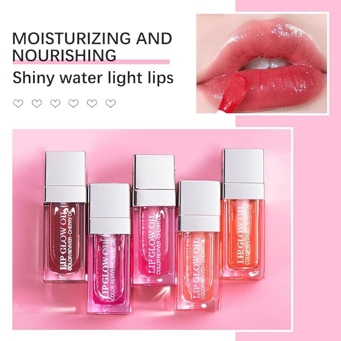 Yasovigi Hydrating Lip Oil Plumping Lip Tint Moisturizing Lip Gloss, Transparent Lip Balm Care Stick Nourishing Repairing Non-sticky, Moisture&Lighten Lip Lines (Transparent + Cherry)