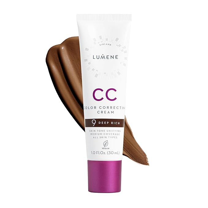 Lumene Color Correcting CC Cream - Lightweight Foundation - Medium Coverage - Redness Reducing Face Makeup for Glowing Complexion - Vegan Formula + Suitable for All Skin Types - Deep Rich (1 fl oz)