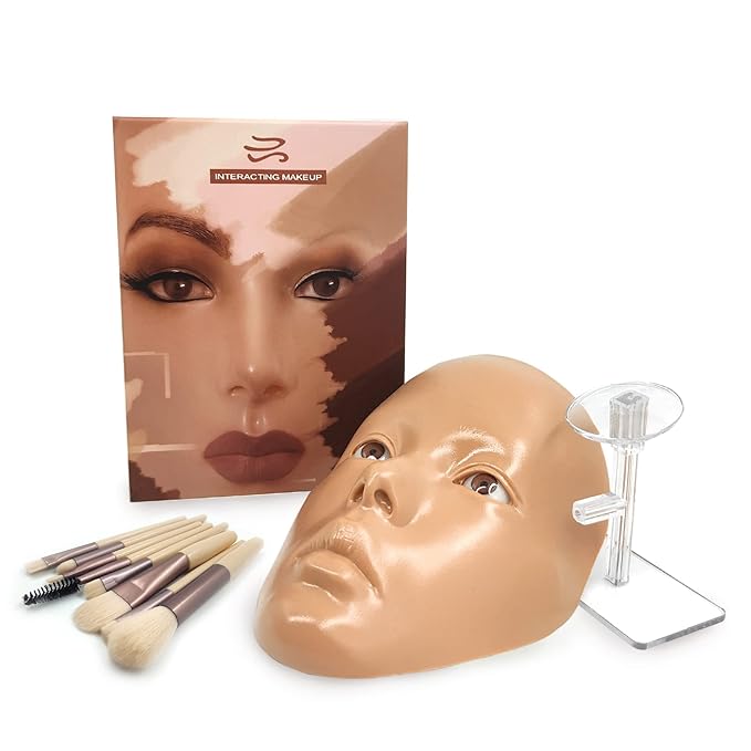 3D Makeup Practice Face,Reusable Makeup Mannequin Face with Makeup Brushes Set,Silicone Full Face Practice Eyelash Eye Shadow,for Emerging Makeup Artist,for Girl's Gift