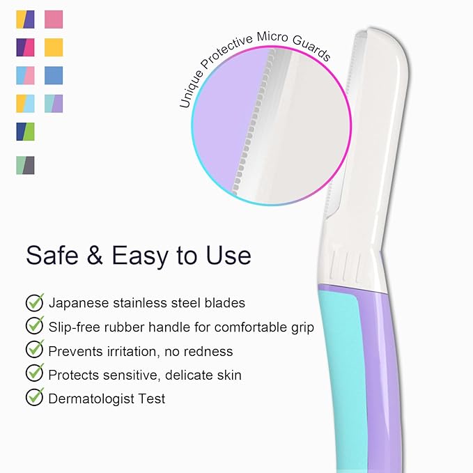 Face Razors for Women, Dermaplane Razor for Women Face, Eyebrow Razor, Dermaplaning Tool, Skin Safe Microblades, Peach Fuzz Remover (9ct, Wisteria)