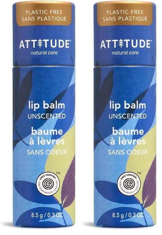 ATTITUDE Plastic-free Lip Balm, EWG Verified Plant- and Mineral-Based Ingredients, Vegan and Cruelty-free Personal Care Products, Unscented, 0.3 Oz (Pack of 2)