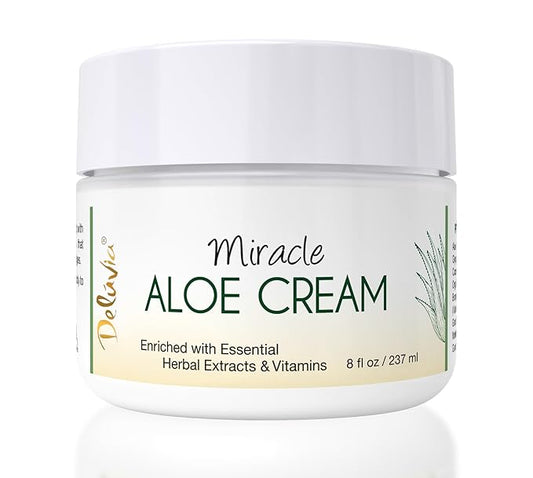 Deluvia Miracle Aloe Cream | Face & Body Moisturizer with Vitamin E & Organic Aloe Vera | Hydrating, Soothing for Dry Skin, Anti-Wrinkle, Acne Scars, Rosacea, Psoriasis, Eczema - 8 oz