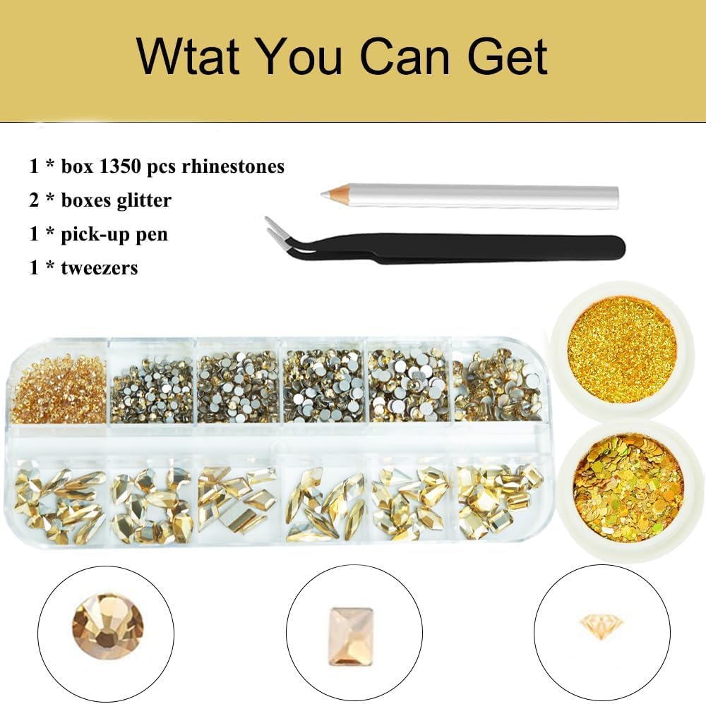 3 Boxes Champagne Gold Nail Rhinestones with Fine Glitters Kit, 60Pcs Big Glass Nail Gems with S6-S16 Flatback Round Stones,Crystals Nail Gem Stones for Faces Body DIY Crafts
